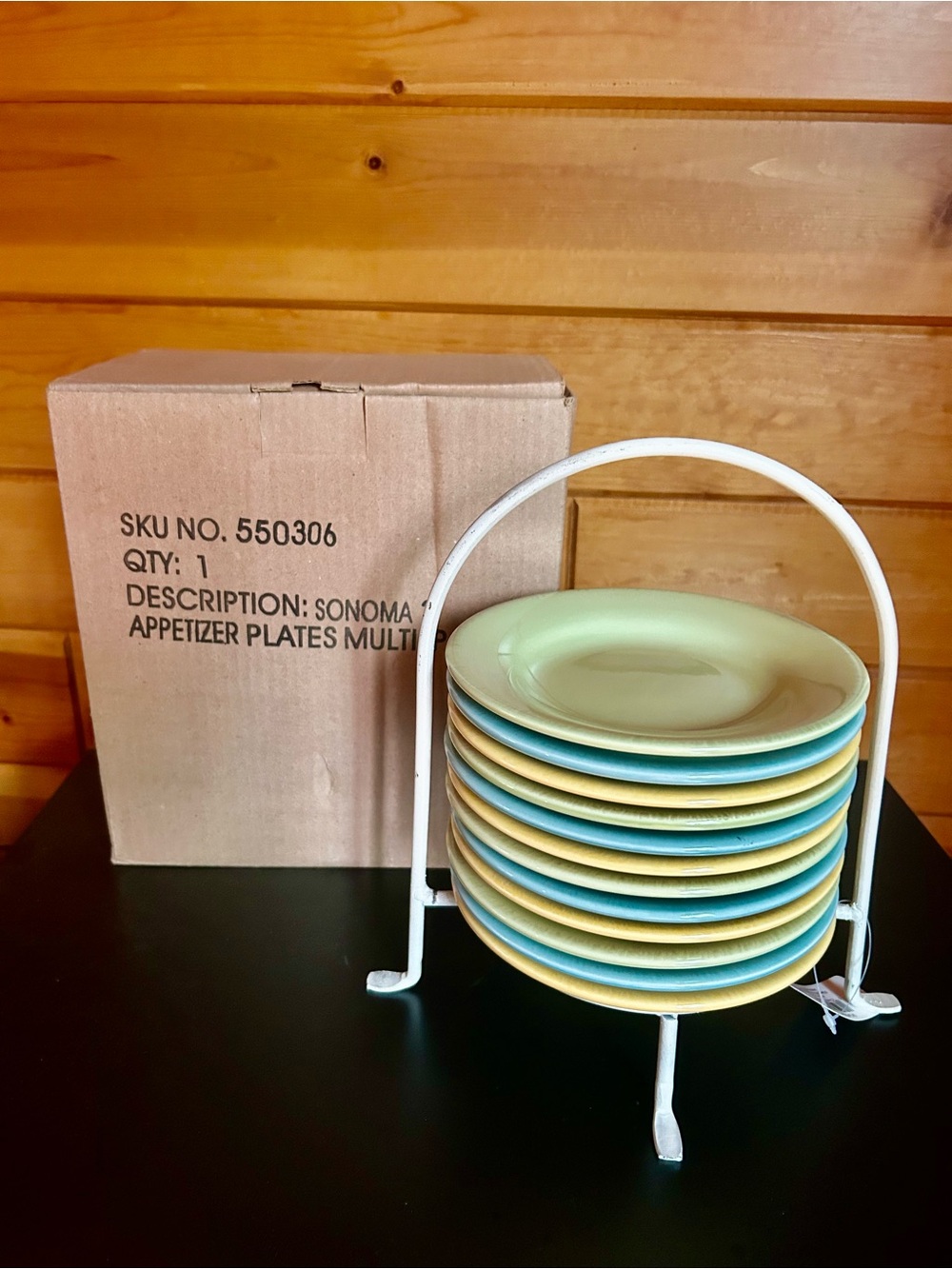 Tag Ceramic Pastel Appetizer Plates with White Metal Stand